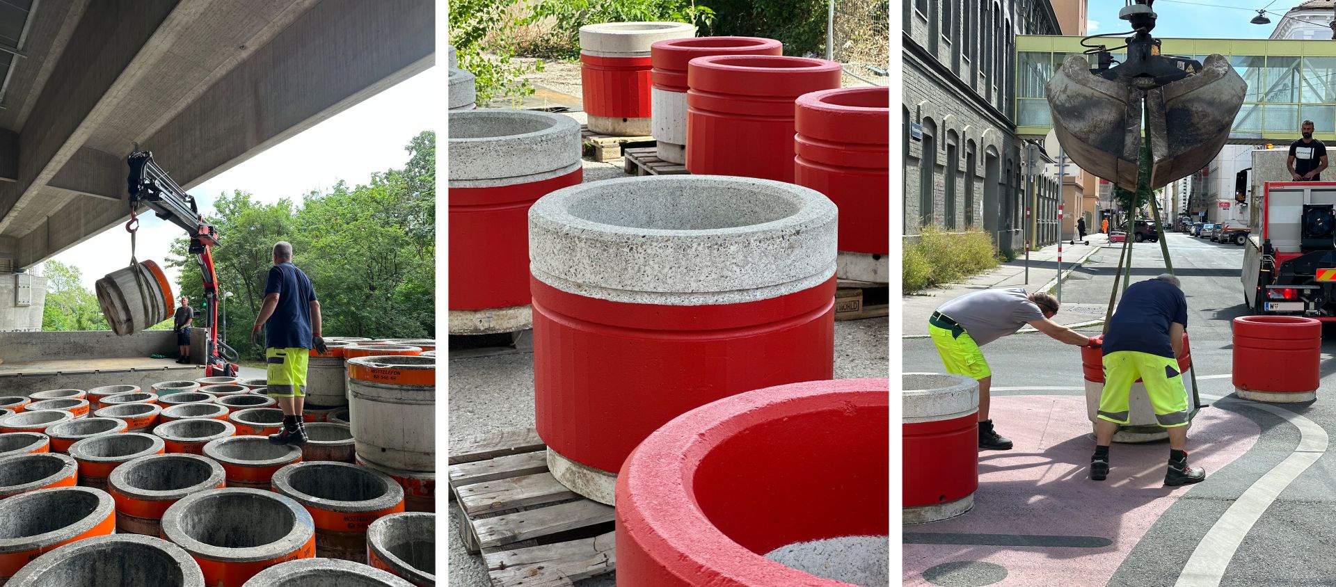 Upcycling Massivpoller zur Begrünung und Verkehrsberuhigung an Diagonalfiltern