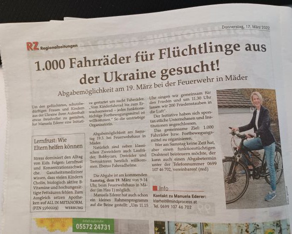 1000 Fahrräder für die Flüchtlinge aus der Ukraine in Vorarlberg