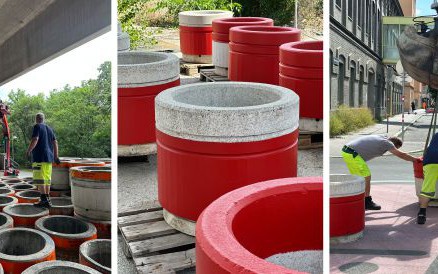 Upcycling Massivpoller zur Begrünung und Verkehrsberuhigung an Diagonalfiltern